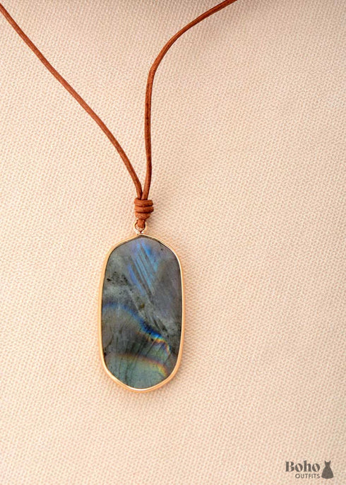 Boho Necklace, Labradorite, Green Natural Stone, Pendant